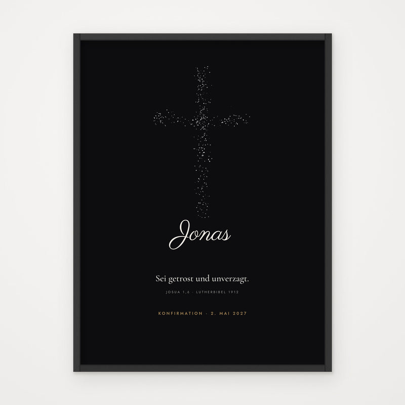 Bibelvers-Poster „Sei getrost und unverzagt“ – Poster im schwarzen Rahmen