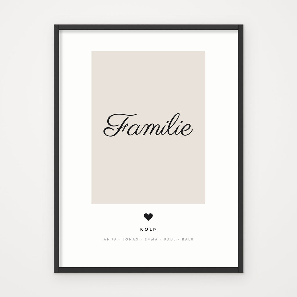 Familien-Poster mit Ort & Namen – Poster im schwarzen Rahmen