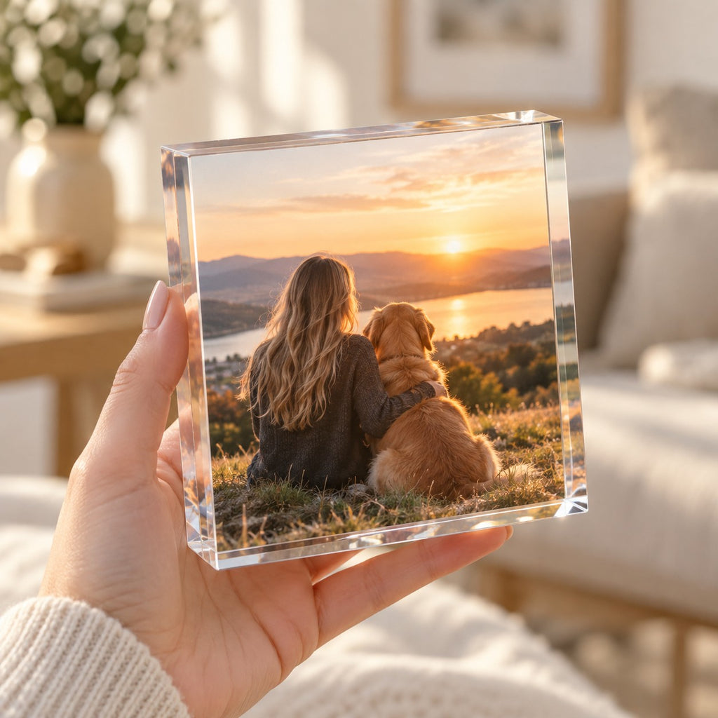 Foto-Acrylblock 10 × 10 cm in der Hand – echte Größe