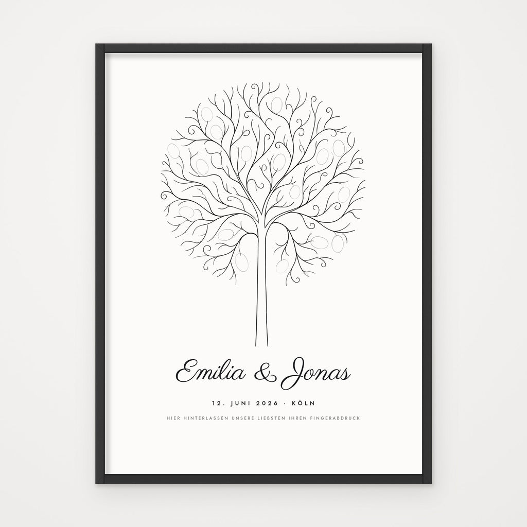 Fingerabdruck-Gästebaum – Poster im schwarzen Rahmen