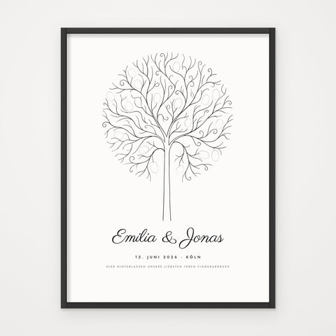Fingerabdruck-Gästebaum – Poster im schwarzen Rahmen