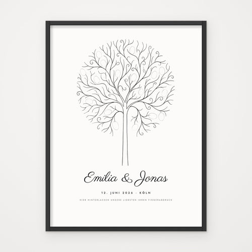 Fingerabdruck-Gästebaum – Poster im schwarzen Rahmen