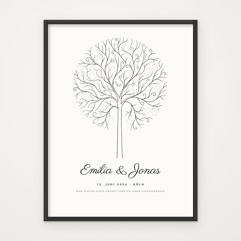 Fingerabdruck-Gästebaum – Poster im schwarzen Rahmen