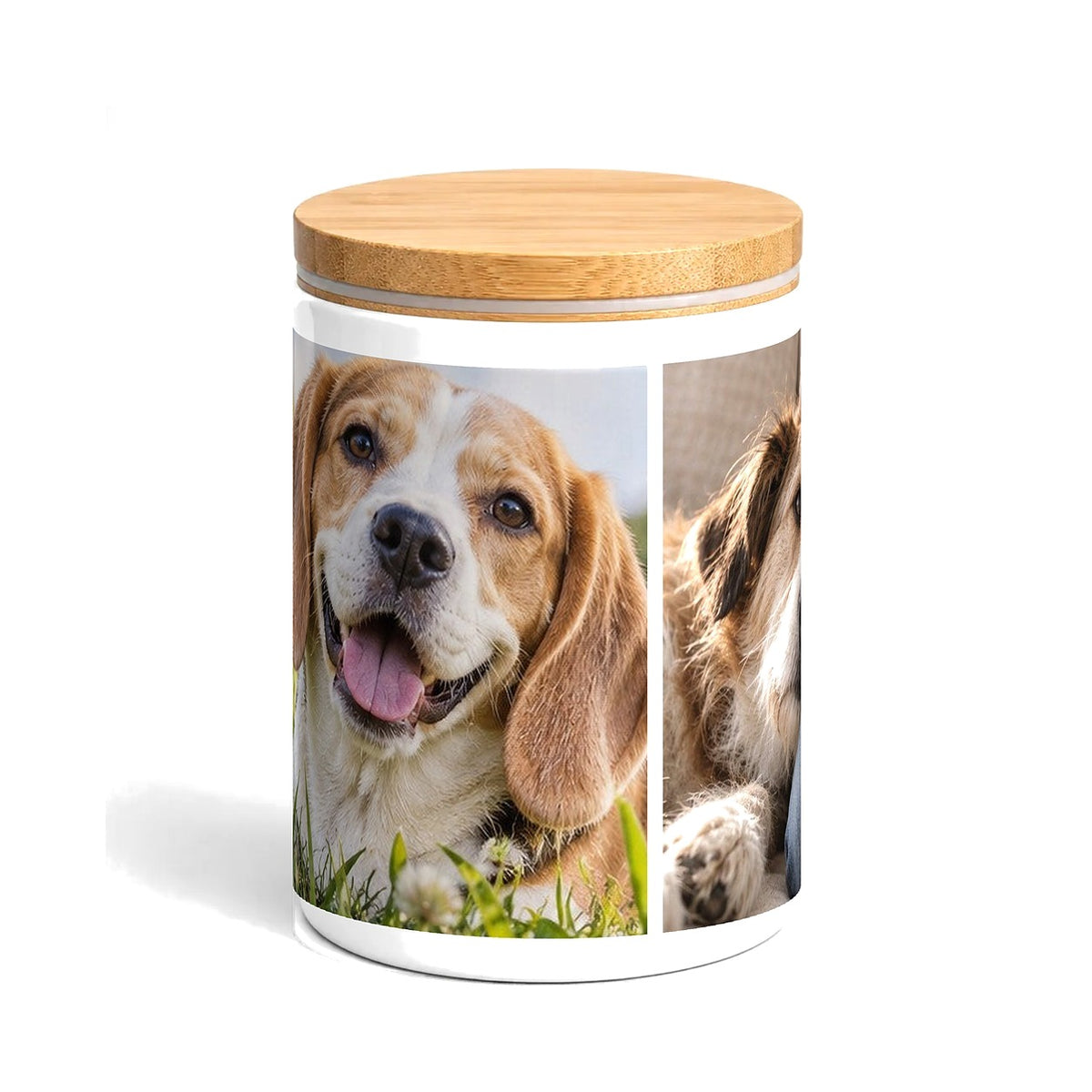Foto-Leckerli-Glas aus weißer Keramik mit Bambusdeckel, rundum mit drei Hundefotos bedruckt