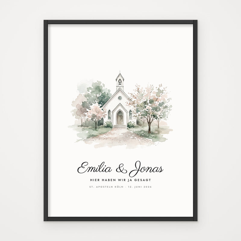Hochzeitsposter AQUARELL – Poster im schwarzen Rahmen