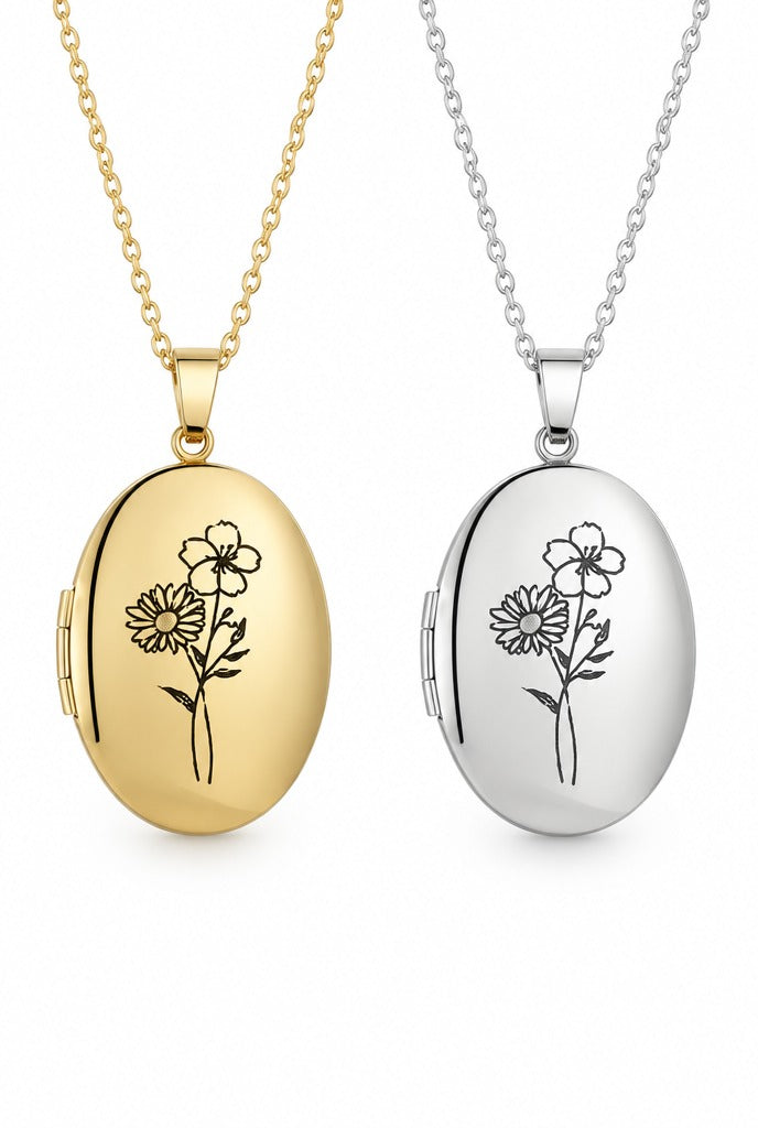 LINNEA Ovales Medaillon mit Geburtsblume in Gold und Silber – Lorelia