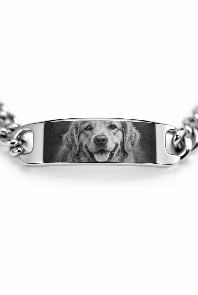 MALIN Gravur-Armband mit Augen-Foto Silber – Detail der Foto-Gravur (Beispiel Hund) – Lorelia