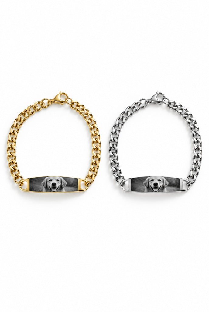 MALIN Gravur-Armband mit Augen-Foto in Gold und Silber (Beispiel Hund) – Lorelia