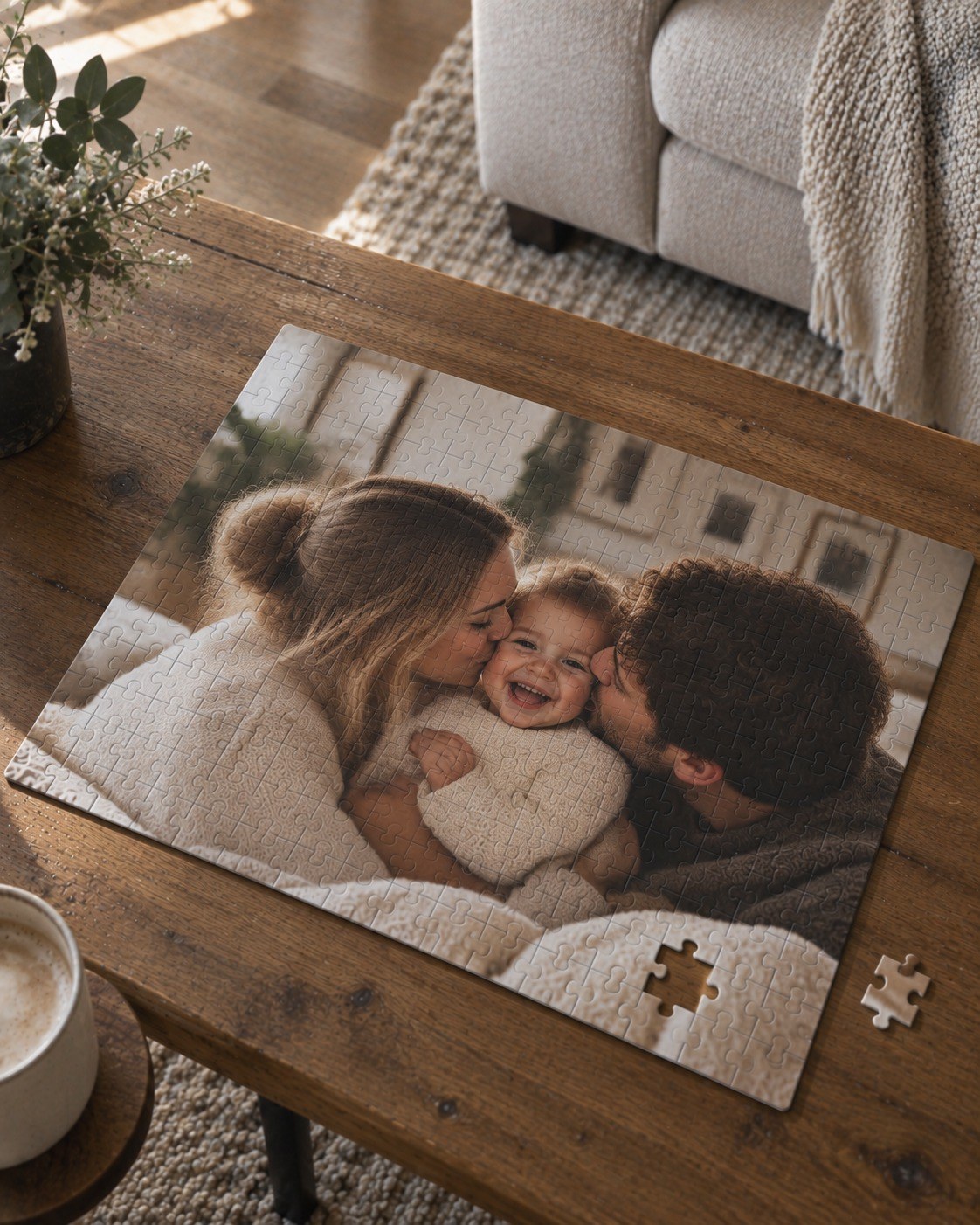 Fotopuzzle mit einem Familienfoto auf einem Holztisch