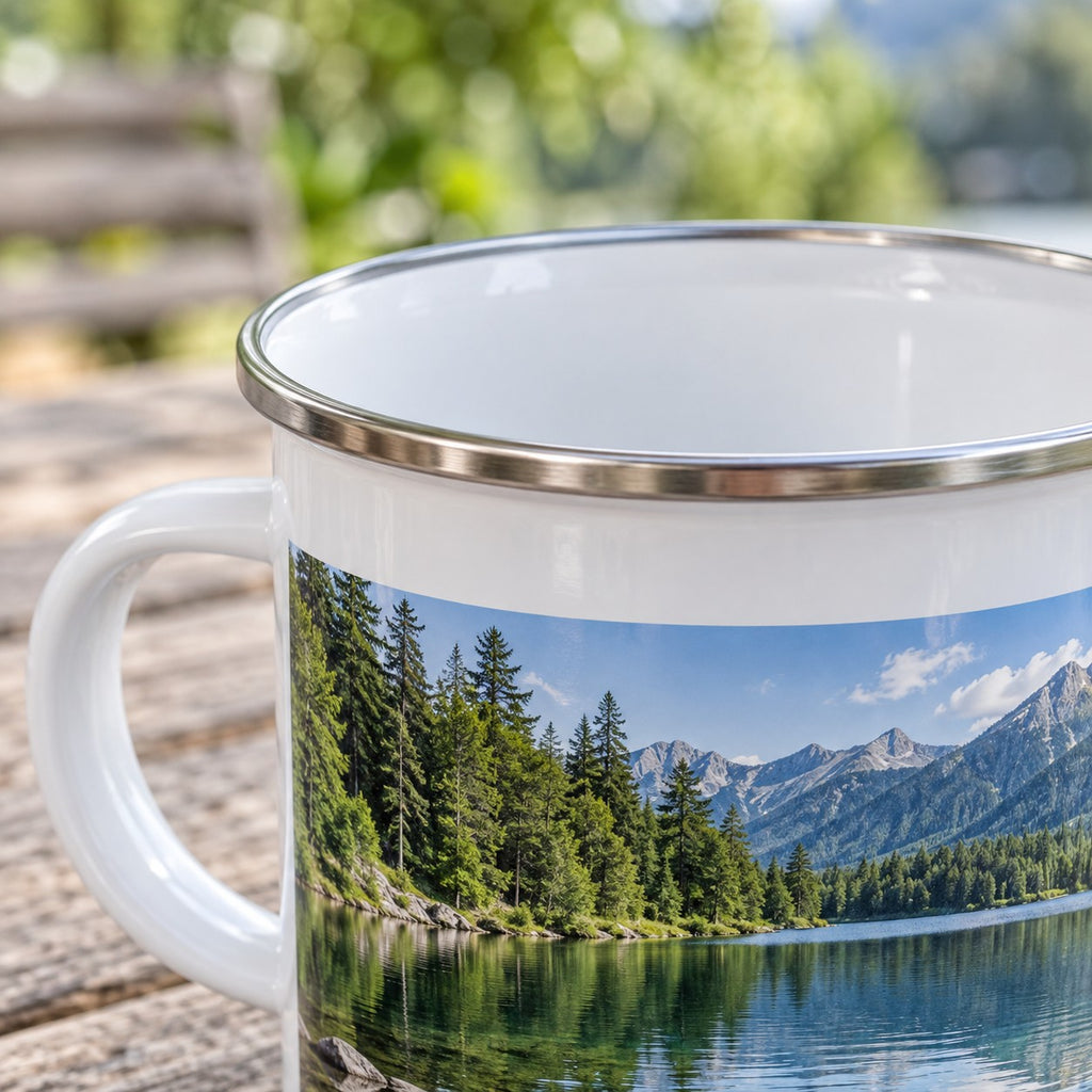 Foto-Emaille-Becher – Nahaufnahme von Edelstahlrand, Emaille und Fotodruck