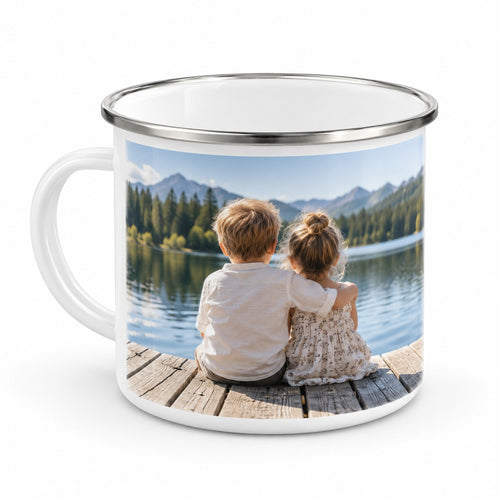 Foto-Emaille-Becher 300 ml, weiß mit Edelstahlrand und Fotodruck
