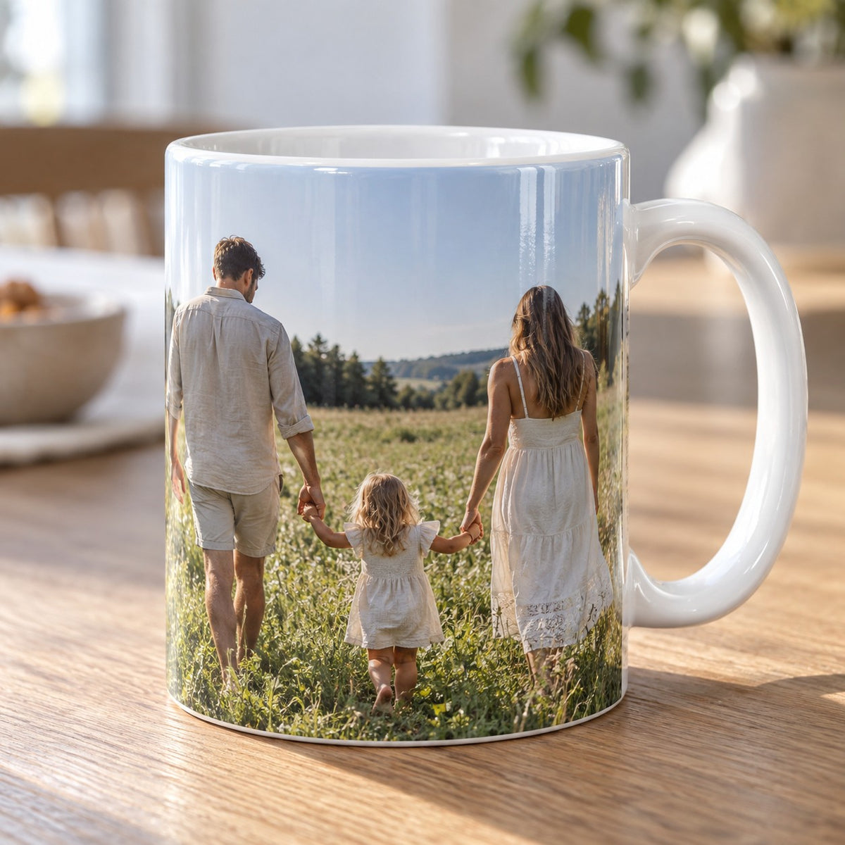 Fototasse mit Rundum-Druck – das Foto läuft bis an den Henkel