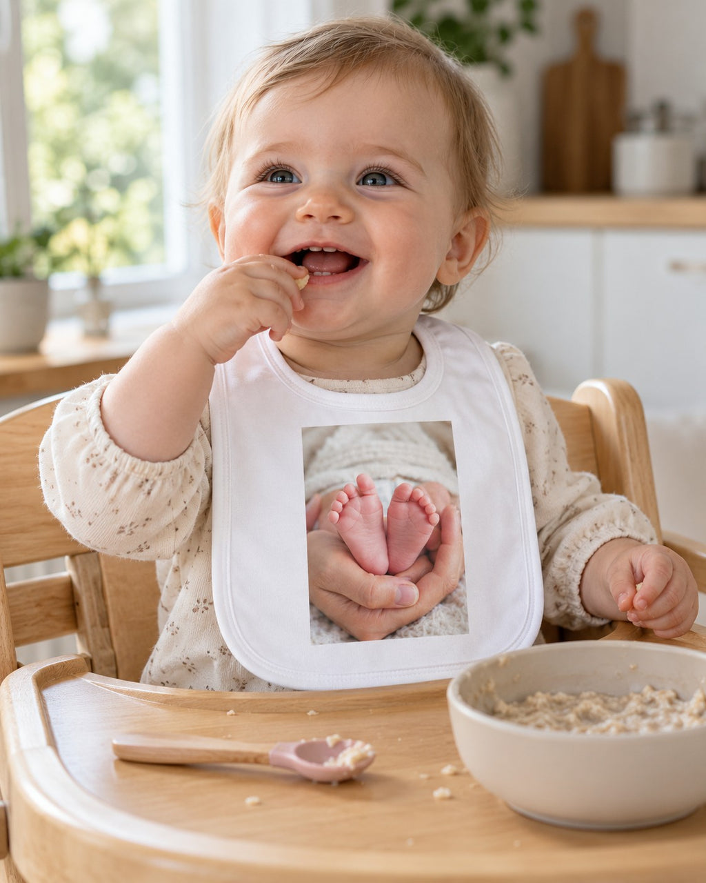 Foto-Baby-Lätzchen mit Fotodruck – Baby im Hochstuhl beim Frühstück
