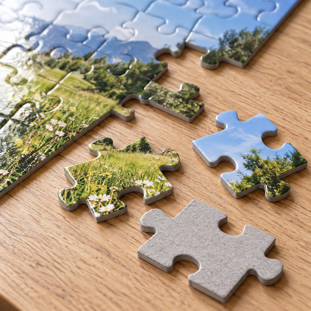 Fotopuzzle – Nahaufnahme: glänzende Vorderseite und graue Karton-Rückseite der Teile