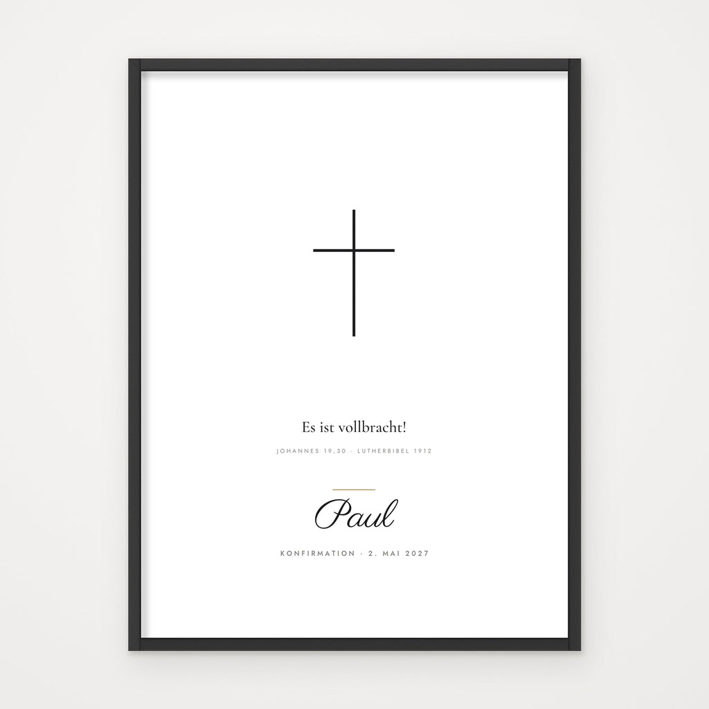 Minimal-Poster „Es ist vollbracht“ – Poster im schwarzen Rahmen