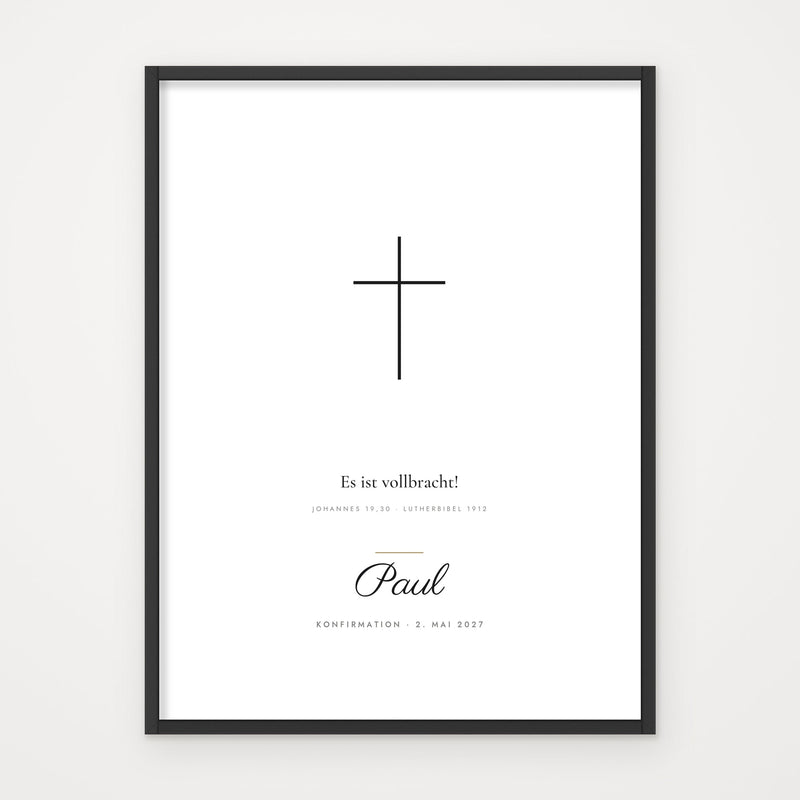Minimal-Poster „Es ist vollbracht“ – Poster im schwarzen Rahmen