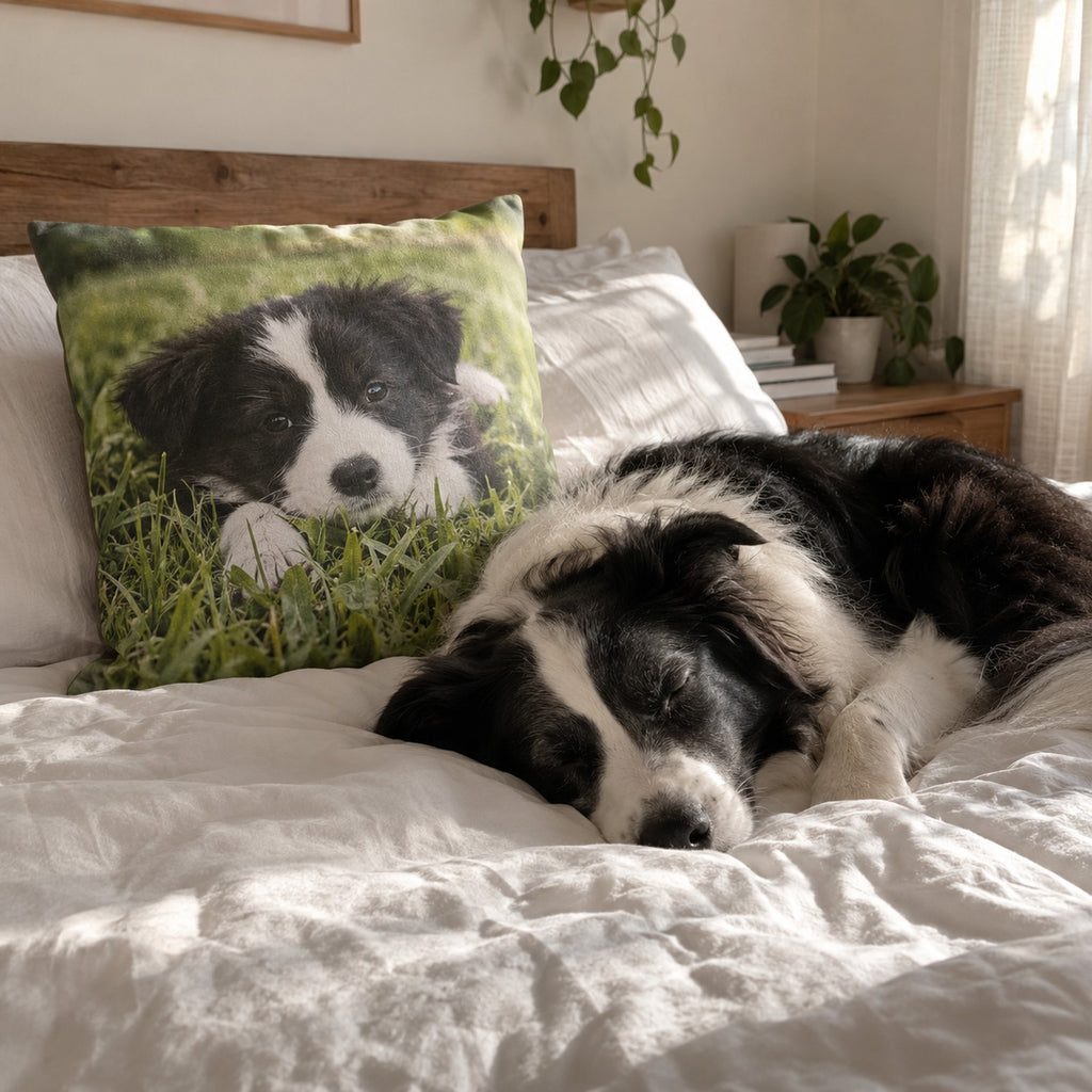 Fotokissen mit Hundefoto auf dem Bett