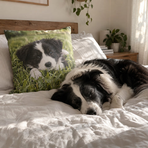 Fotokissen mit Hundefoto auf dem Bett
