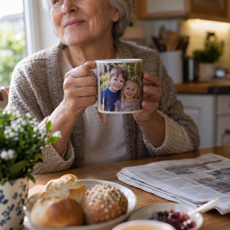 Fototasse mit Enkelkinder-Foto am Frühstückstisch