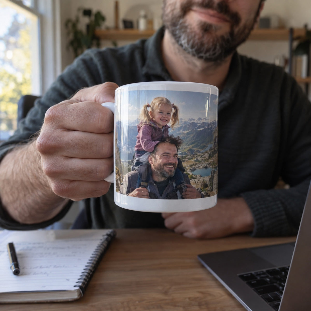 Fototasse mit Foto von Papa und Tochter im Homeoffice