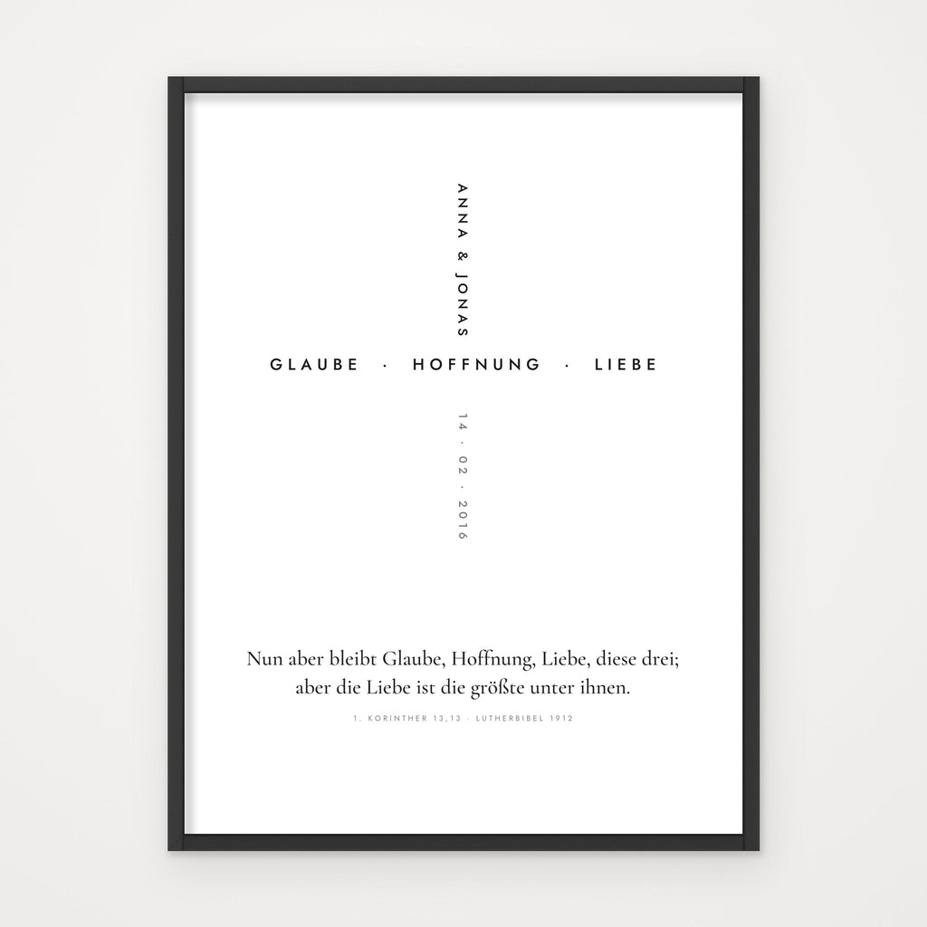 Poster „Glaube · Hoffnung · Liebe“ – Poster im schwarzen Rahmen