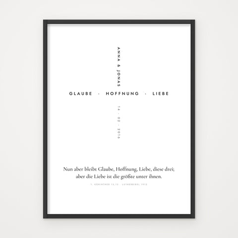 Poster „Glaube · Hoffnung · Liebe“ – Poster im schwarzen Rahmen