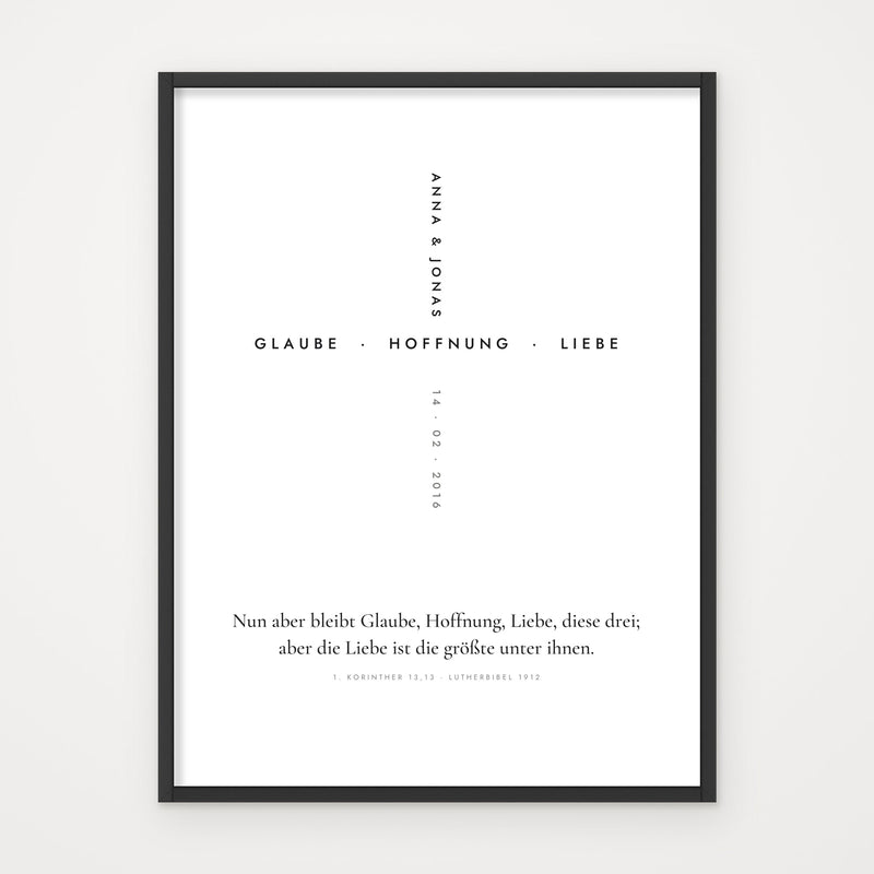 Poster „Glaube · Hoffnung · Liebe“ – Poster im schwarzen Rahmen