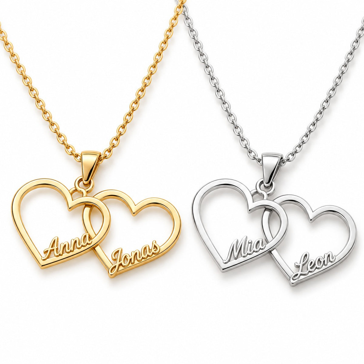 SVEA Doppelherz-Kette mit Namen in Gold und Silber – Lorelia