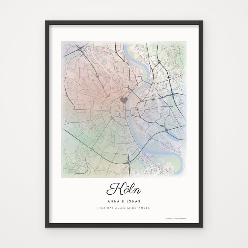 Stadtkarte AQUARELL – Poster im schwarzen Rahmen