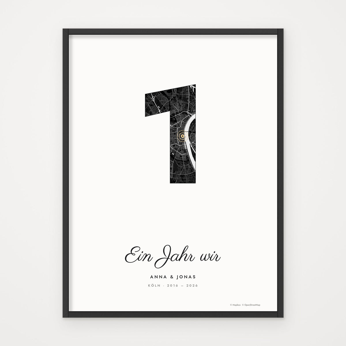 Stadtkarte JUBILÄUM – Poster im schwarzen Rahmen