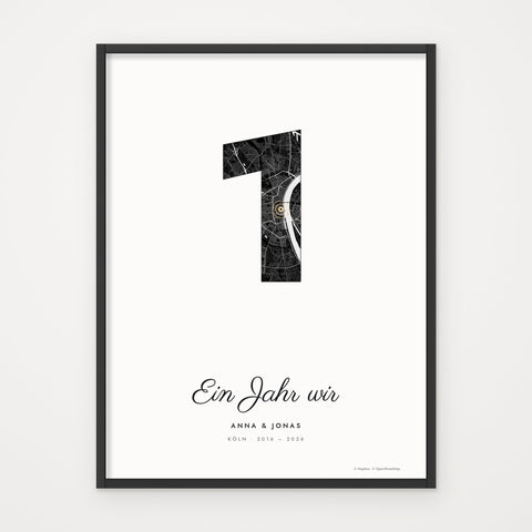 Stadtkarte JUBILÄUM – Poster im schwarzen Rahmen