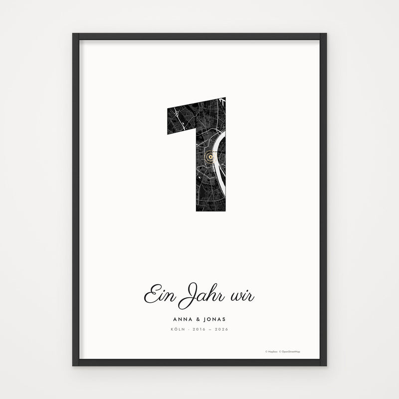 Stadtkarte JUBILÄUM – Poster im schwarzen Rahmen