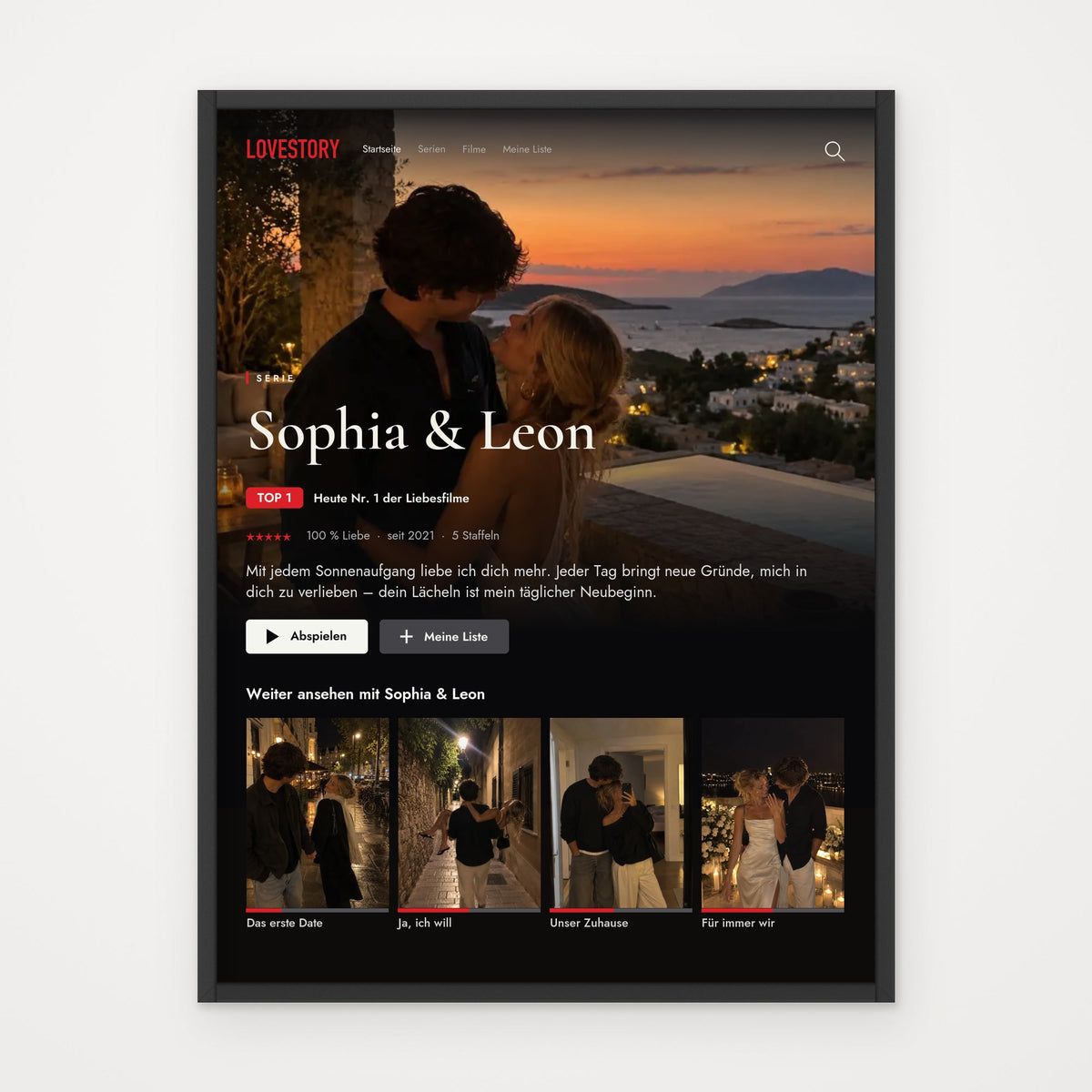 Streamingposter LOVESTORY – eure Serie – im schwarzen Rahmen (Beispiel wie bestellt)
