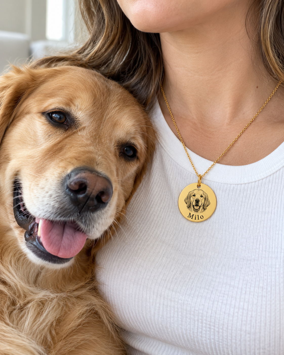 TAMBO Tierkette mit Porträt und Name Gold – am Hals mit Golden Retriever – Lorelia